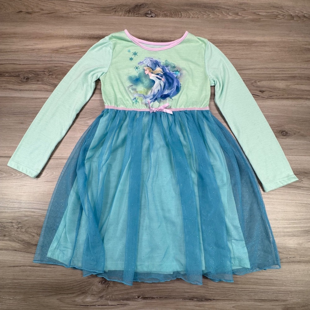 Disney Elsa Frozen Princess Long Sleeve Dress Girls Size 7/8 Blue Sparkle Tulle